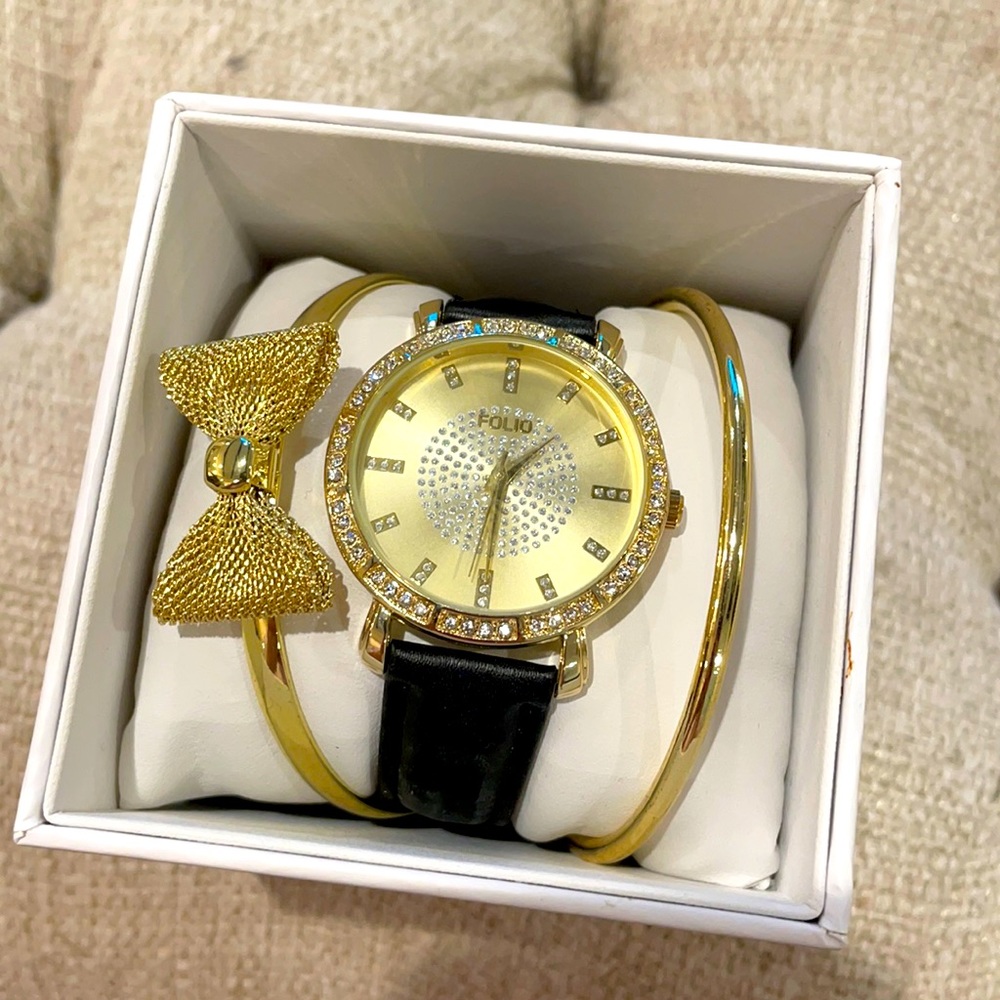 Gold & Black Watch and Bracelet Set